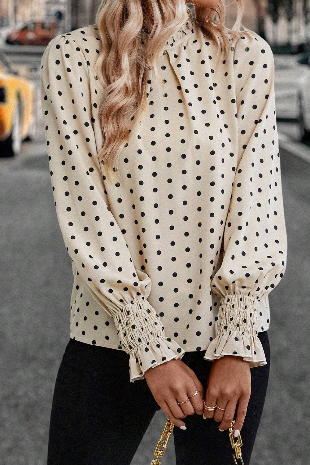 Apricot Polka Dot Print Frill Neck Smocked Lantern Sleeve Blouse