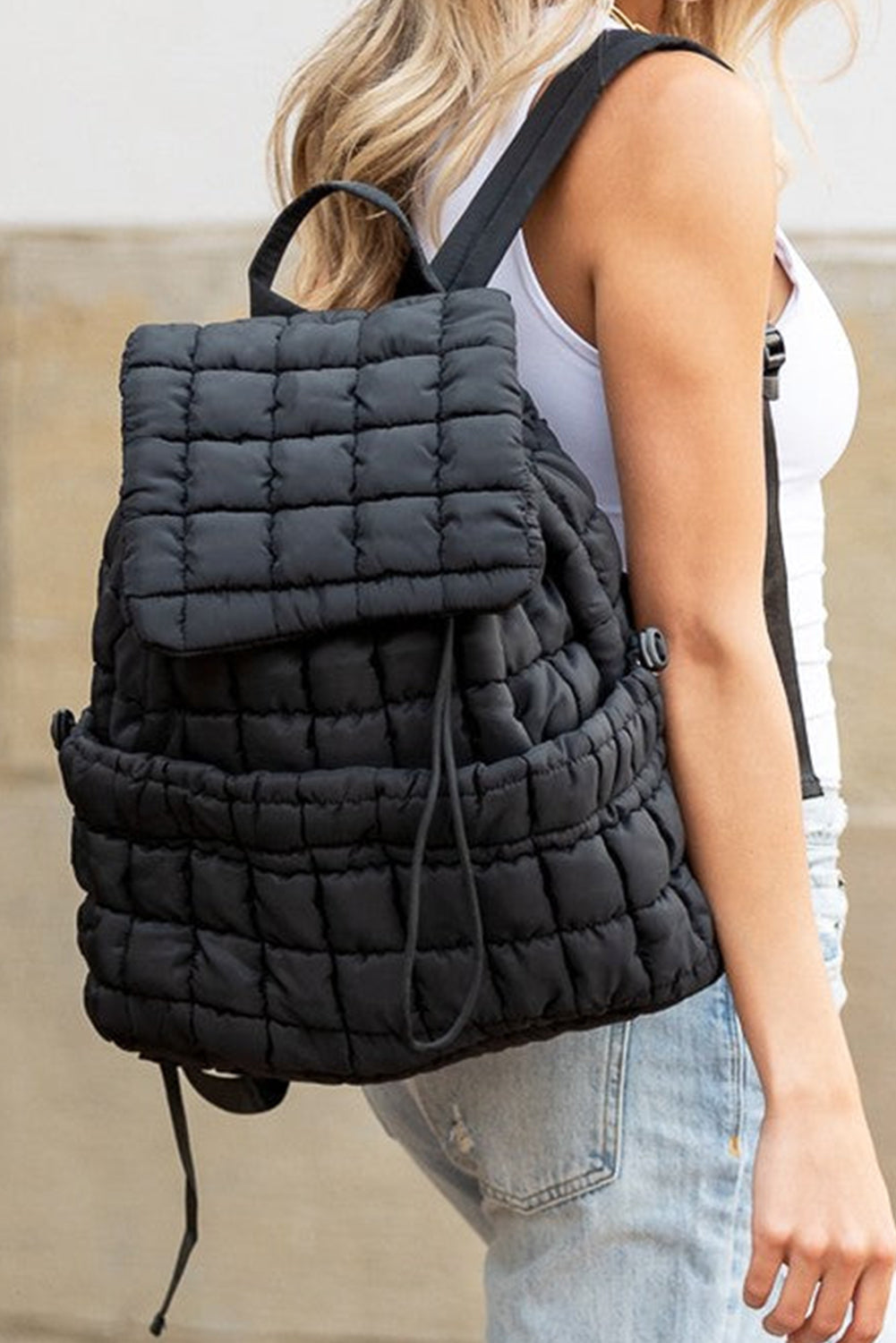 Pink Solid Flapped Quilted Puffer Backpack