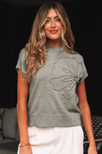 High Flower Pattern Ribbed Trim Short Sleeve Boxy Sweater