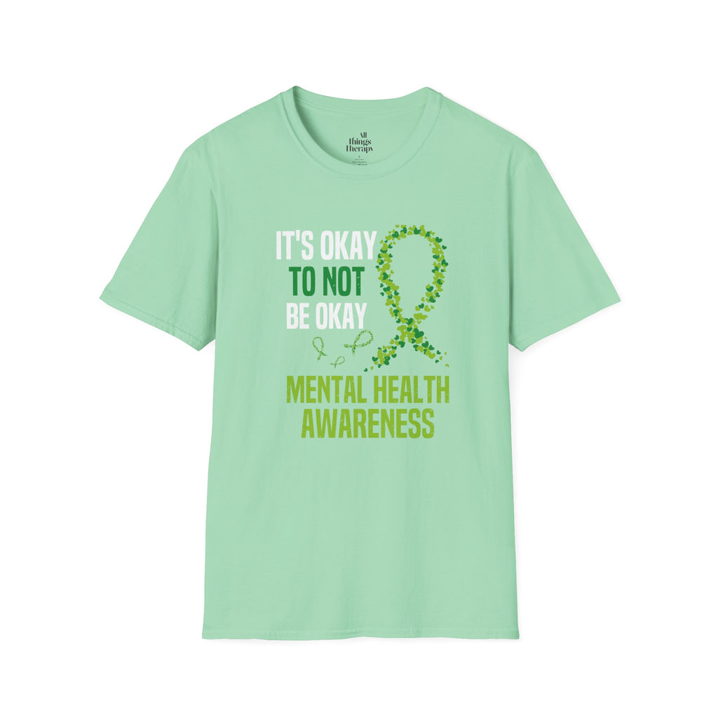 Mental Health Awareness Unisex Softstyle T-Shirt - Supportive Green Ribbon Design