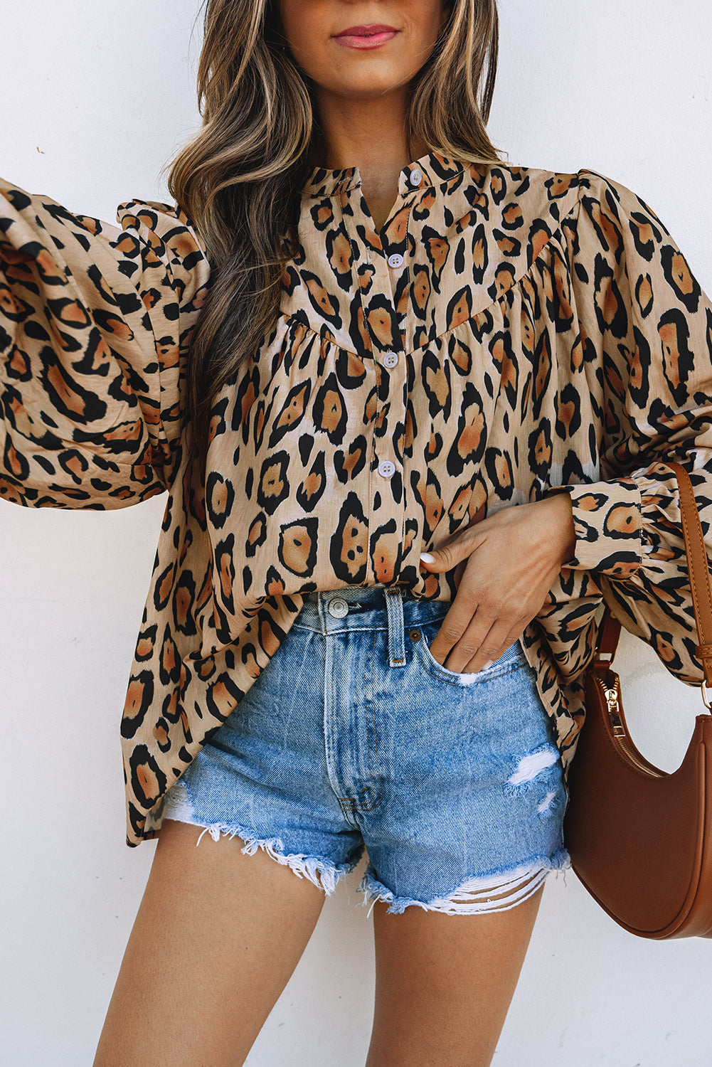 Light French Beige Oversized Leopard Print Balloon Sleeve Casual Shirt