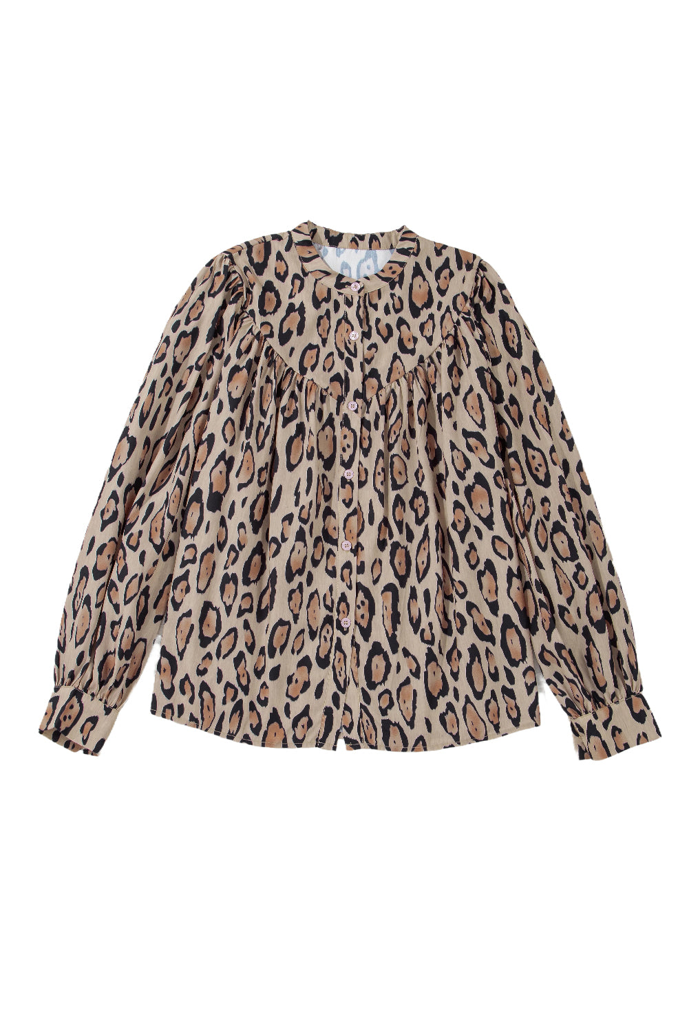 Light French Beige Oversized Leopard Print Balloon Sleeve Casual Shirt