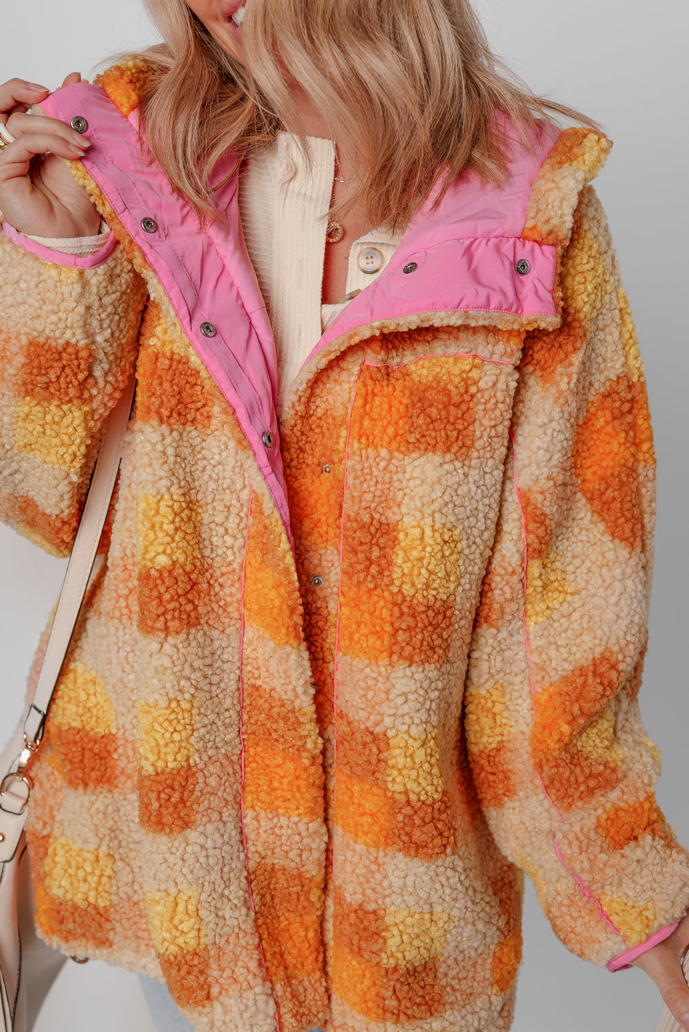 Orange Checkered Sherpa Hooded Jacket