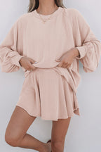 Jet Stream Corded Lantern Sleeve Top High Waist Ruffled Mini Skirt Set
