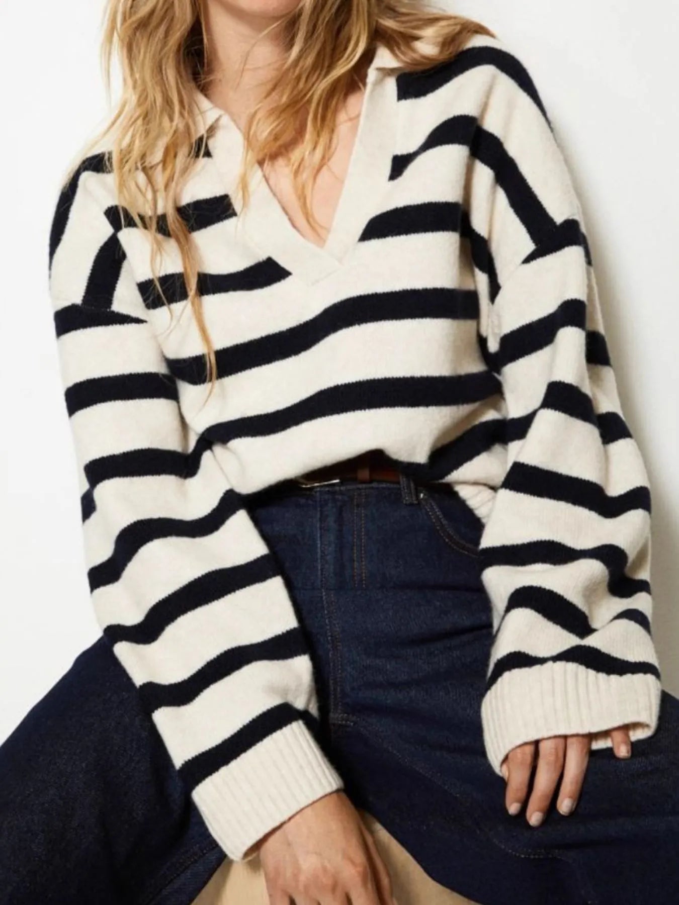 Striped Johnny Collar Long Sleeve Sweater