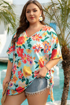 Sky Blue Plus Size Floral Print V Neck Batwing Sleeve Blouse