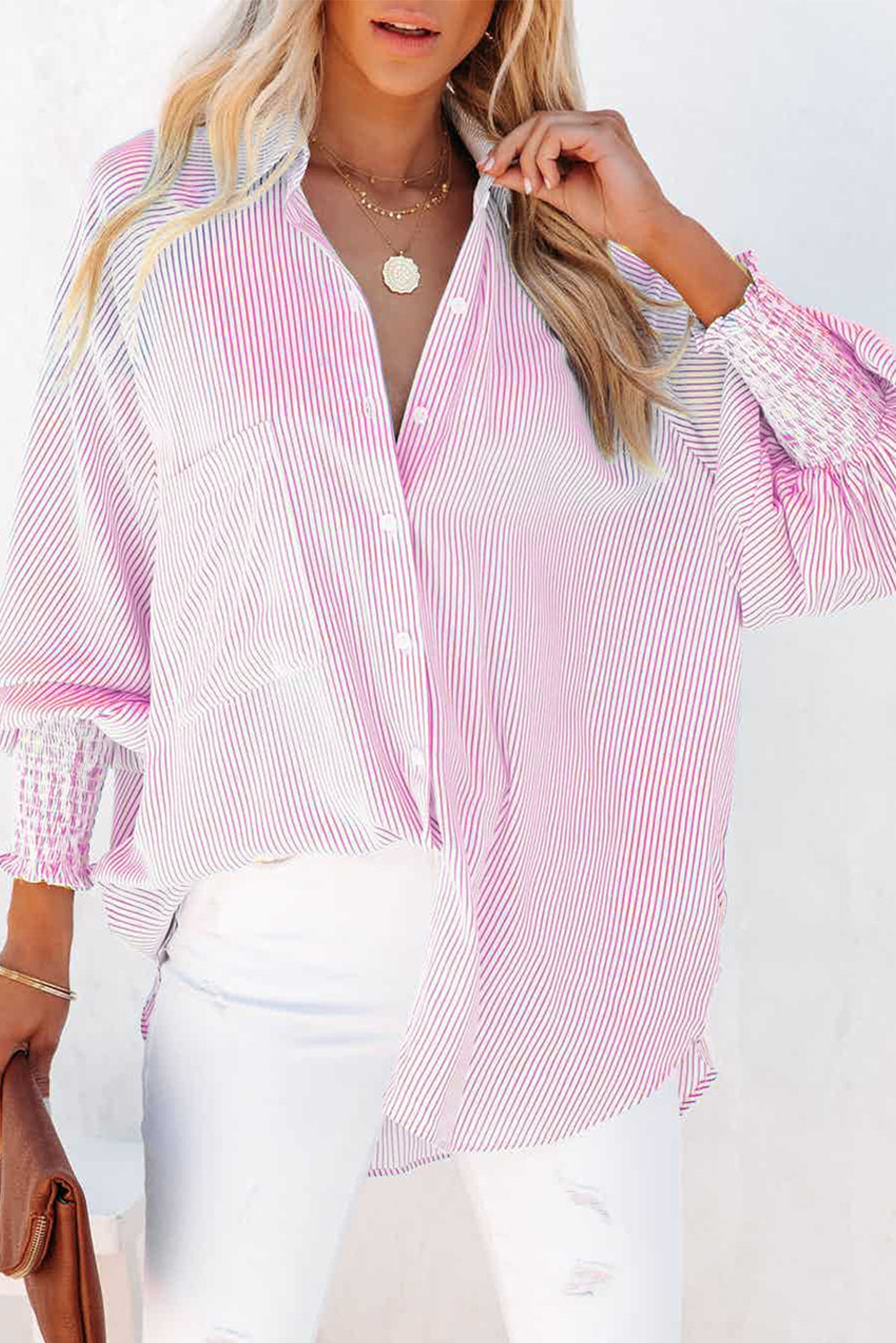 Pink Striped Casual Shirred Cuffs Shirt