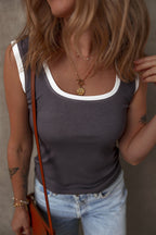 Smoke Gray Ribbed Knit Contrast Edge U Neck Slim Fit Tank Top