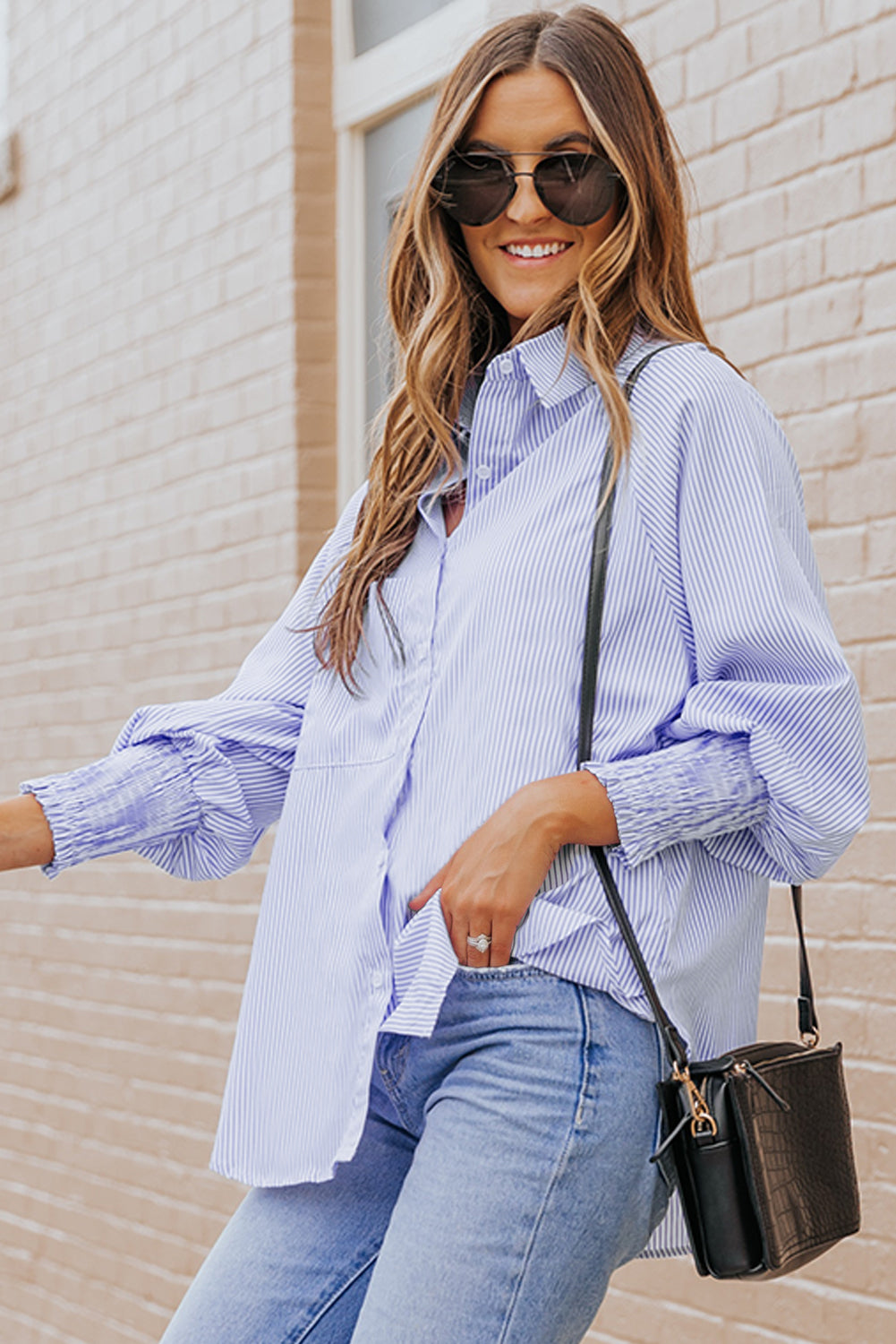 Pink Striped Casual Shirred Cuffs Shirt