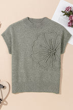 High Flower Pattern Ribbed Trim Short Sleeve Boxy Sweater