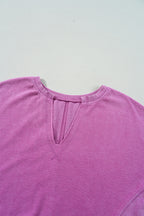 Bright Pink Solid Color Notched Neck Drop Shoulder Sweatshirt