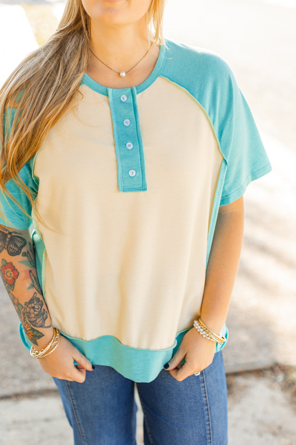 Mint Green Color Block Raglan Sleeve Buttoned Plus Size T Shirt