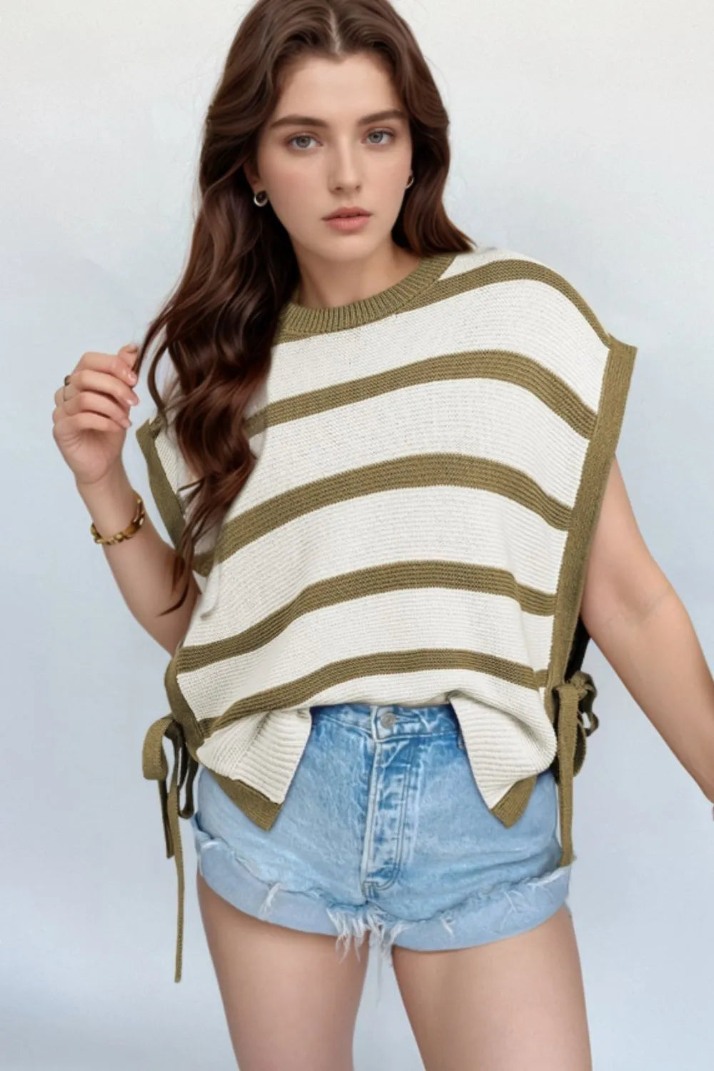 Stripe Tie Open Side Sweater Knitted Top