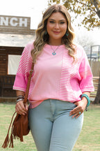Pink Stripe Patchwork Colorblock Plus Size T Shirt