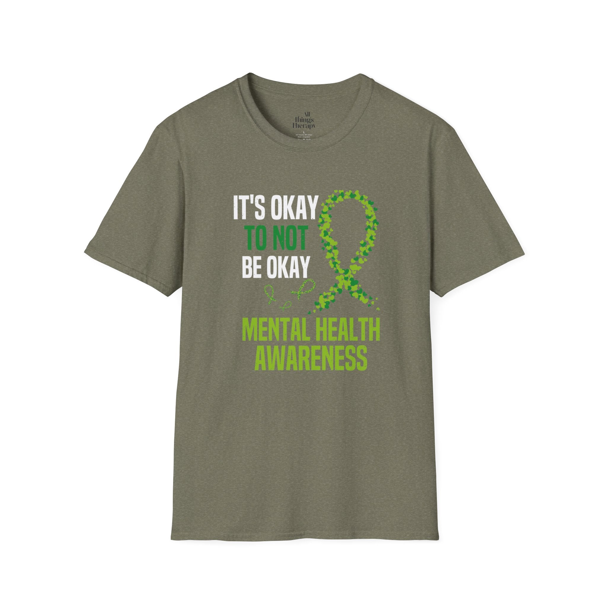 Mental Health Awareness Unisex Softstyle T-Shirt - Supportive Green Ribbon Design