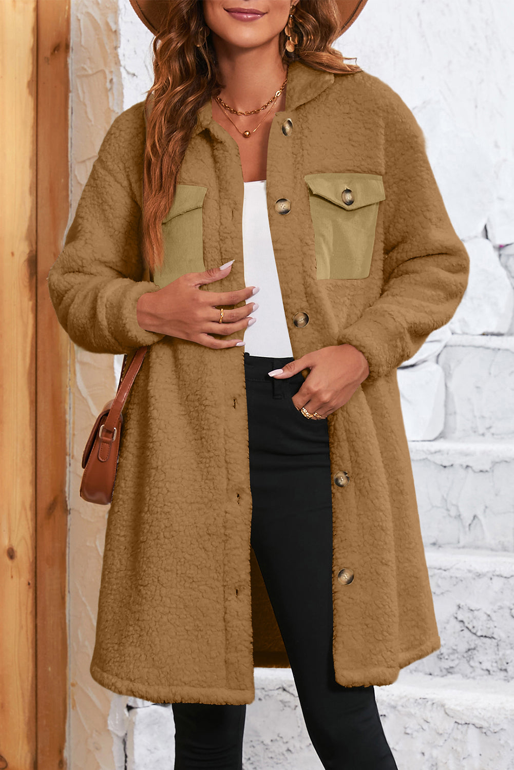 Beige Contrast Flap Pocket Single Breasted Teddy Coat