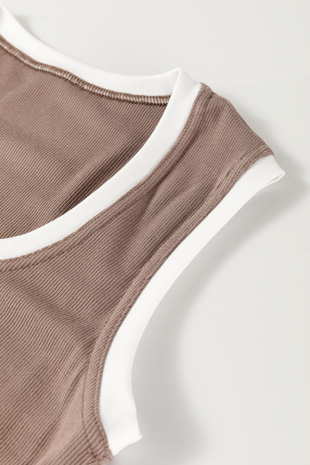 Smoke Gray Ribbed Knit Contrast Edge U Neck Slim Fit Tank Top