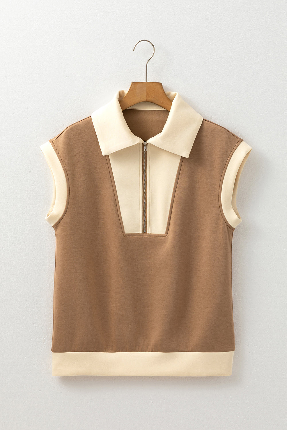 Simply Taupe Half Zipper Collared Colorblock Short Sleeve Top