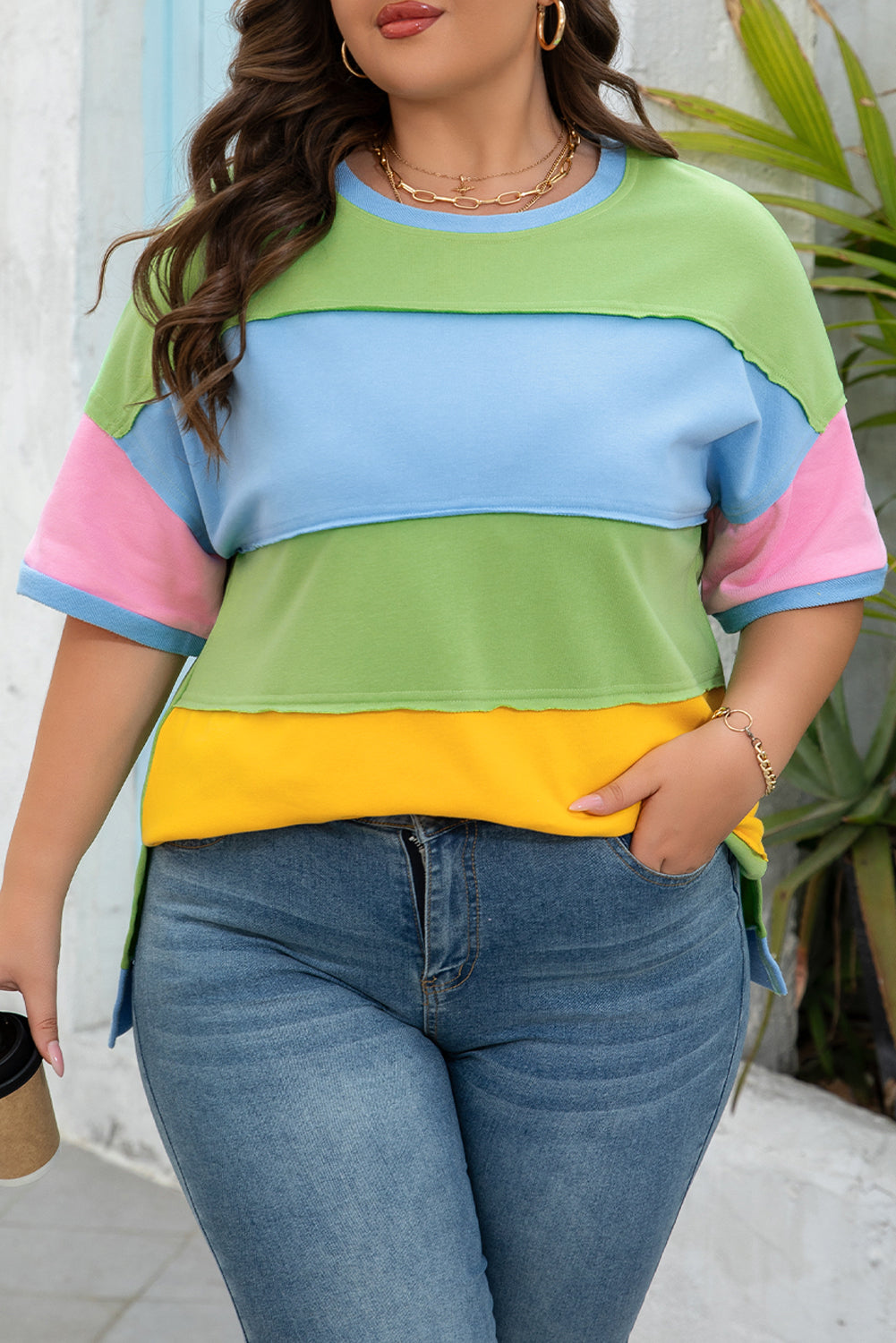 Light Blue Color Block Exposed Seam Patchwork Plus Size T Shirt