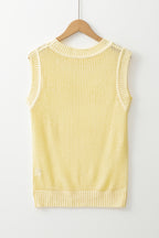 Yellow Solid Color Hollowed Knit Round Neck Sweater Vest