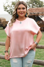 Pink Metallic Gloss Short Batwing Sleeve Plus Size Top