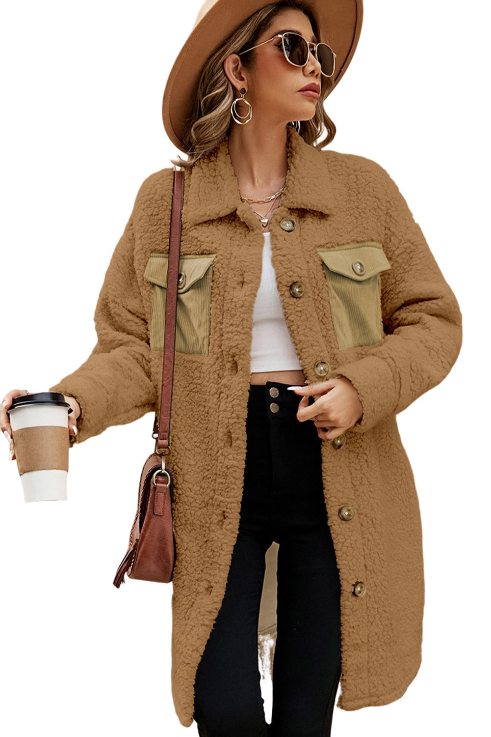 Beige Contrast Flap Pocket Single Breasted Teddy Coat