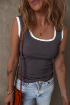 Smoke Gray Ribbed Knit Contrast Edge U Neck Slim Fit Tank Top