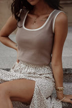 Smoke Gray Ribbed Knit Contrast Edge U Neck Slim Fit Tank Top