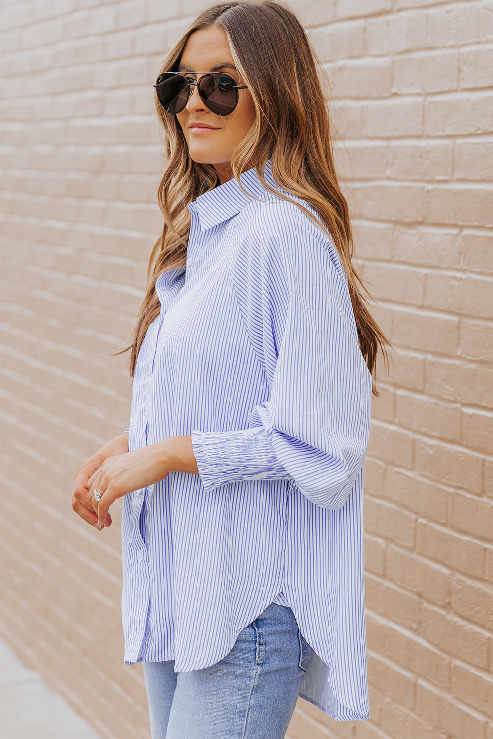 Pink Striped Casual Shirred Cuffs Shirt