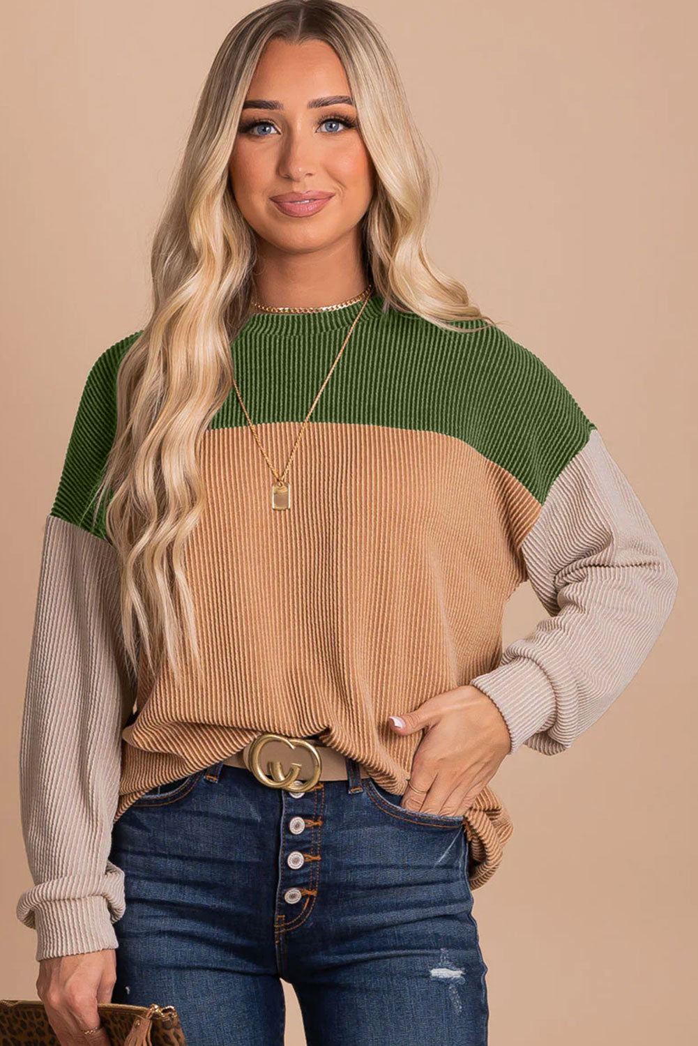 Green Color Block Long Sleeve Ribbed Loose Top