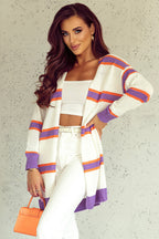 Beige Striped Long Sleeve Ribbed Trim Button Cardigan