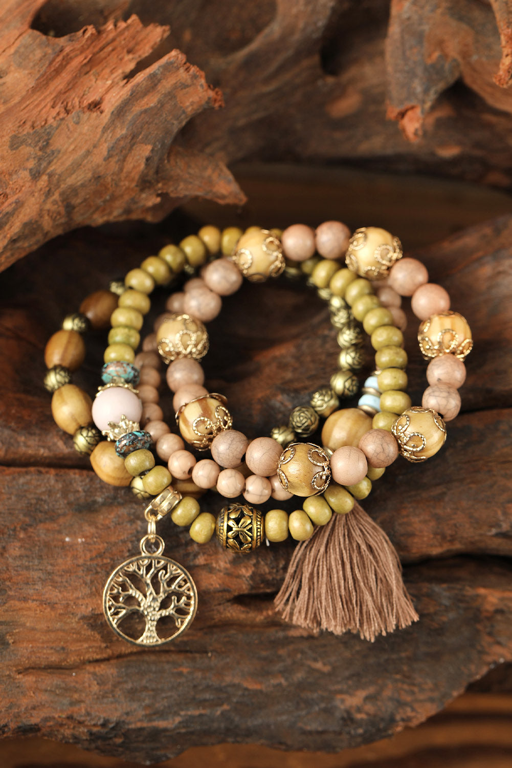 Brown Tree Of Life Charm Tassel Layers Wood Beads Bracelet