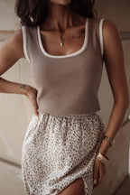 Smoke Gray Ribbed Knit Contrast Edge U Neck Slim Fit Tank Top