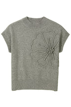 High Flower Pattern Ribbed Trim Short Sleeve Boxy Sweater