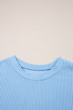 Dark Blue Corded Knit Color Block Pocketed Crew Neck T Shirt