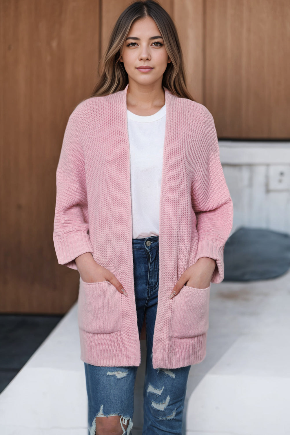 Pink Oversized Fold Over Sleeve Open Front Cardigan