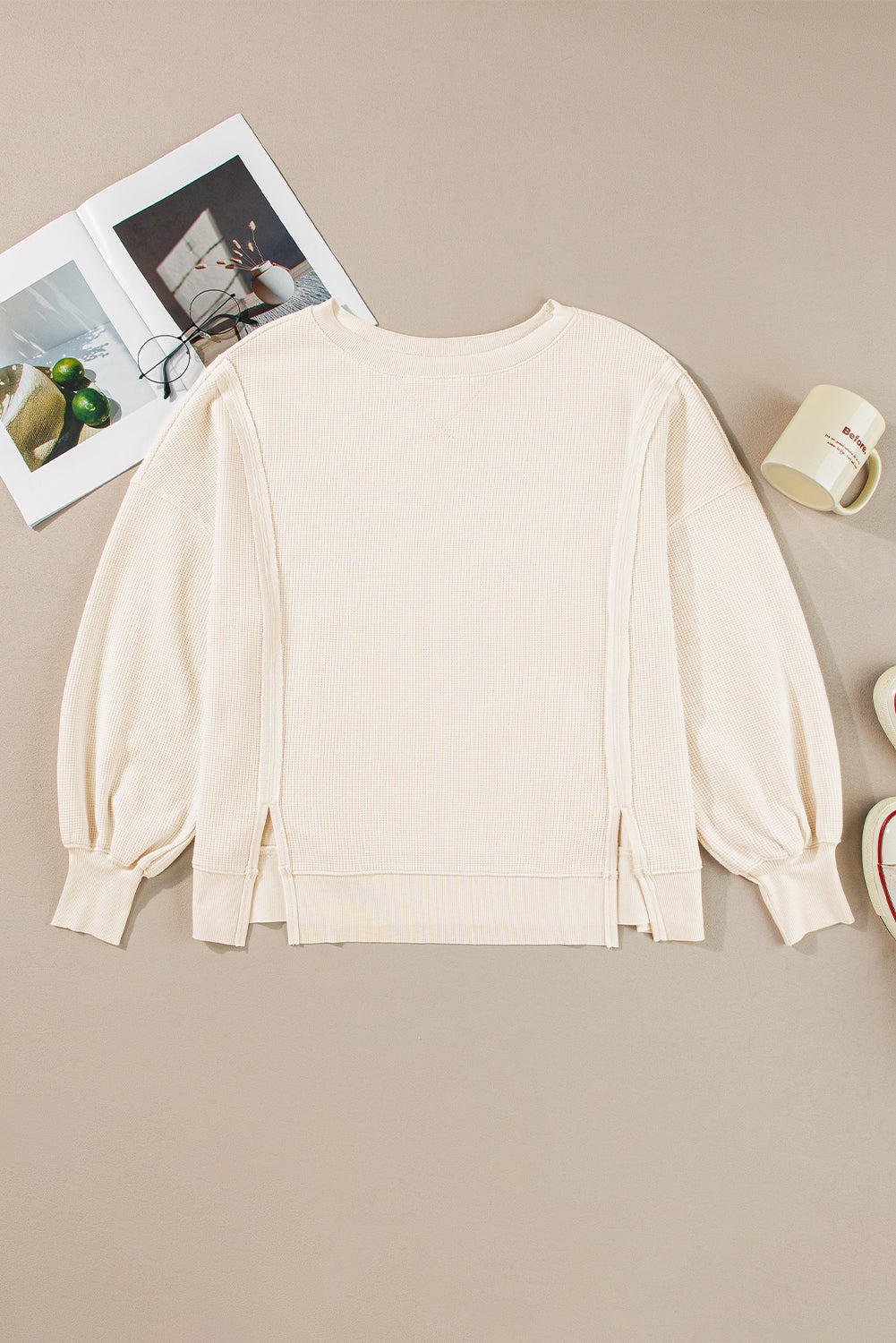 White Waffle knit Bishop Sleeve Split Oversized Top