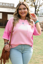 Pink Stripe Patchwork Colorblock Plus Size T Shirt