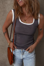 Smoke Gray Ribbed Knit Contrast Edge U Neck Slim Fit Tank Top