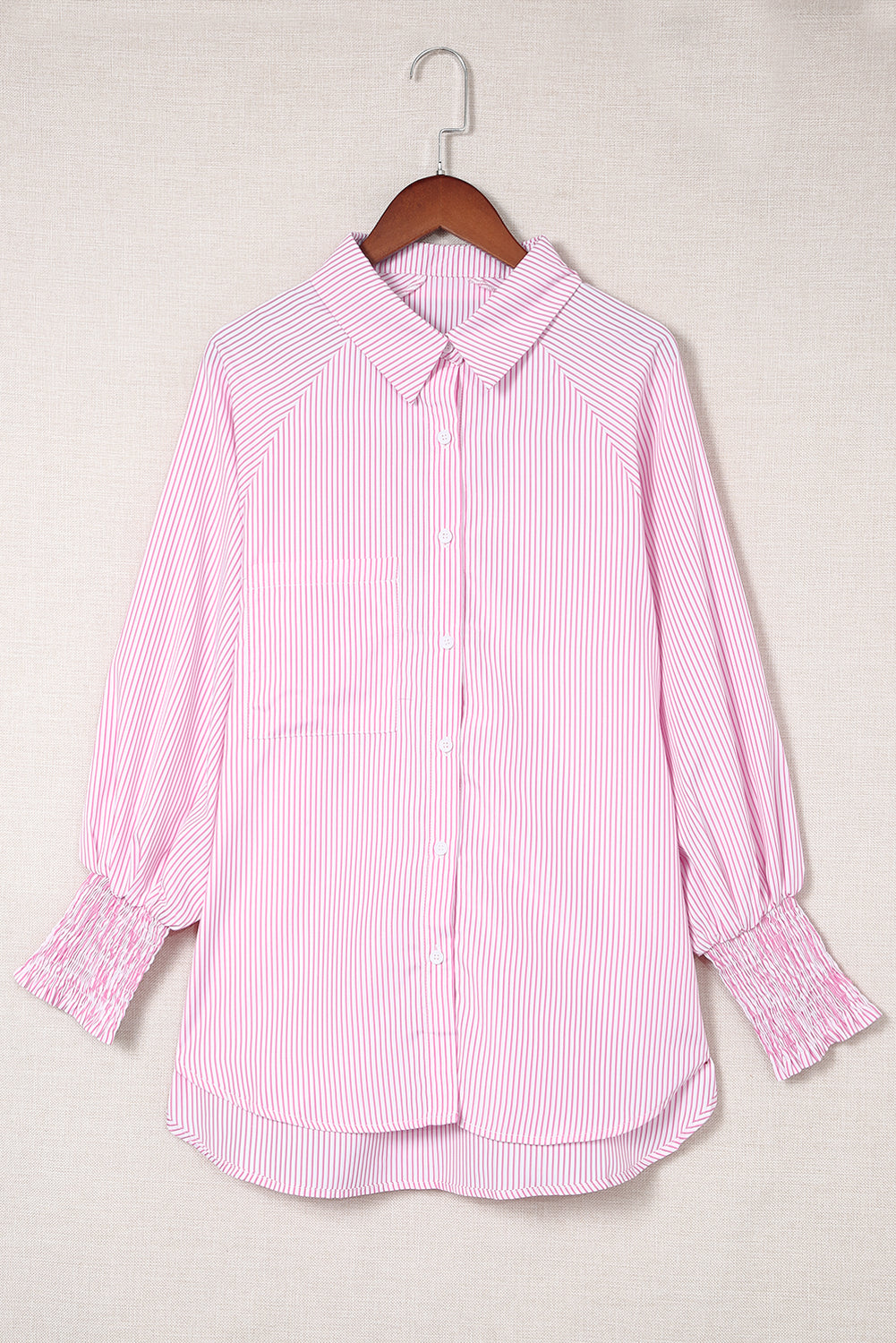 Pink Striped Casual Shirred Cuffs Shirt