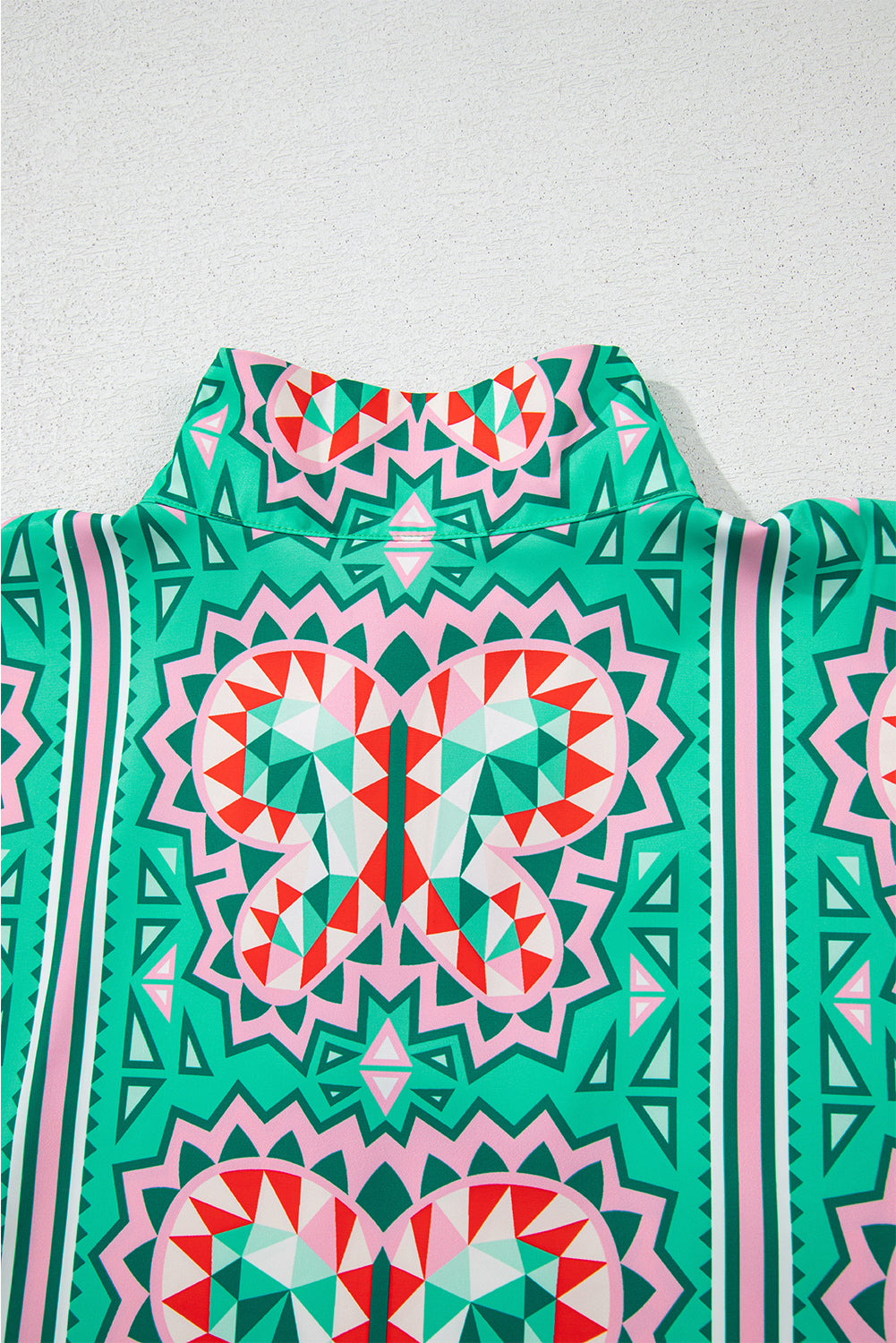 Sea Green Boho Geometric Print Split Neck Blouse