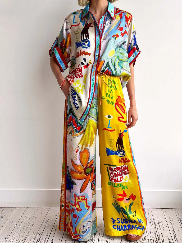 Printed Button Up Shirt and Pants Set
