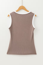 Smoke Gray Ribbed Knit Contrast Edge U Neck Slim Fit Tank Top
