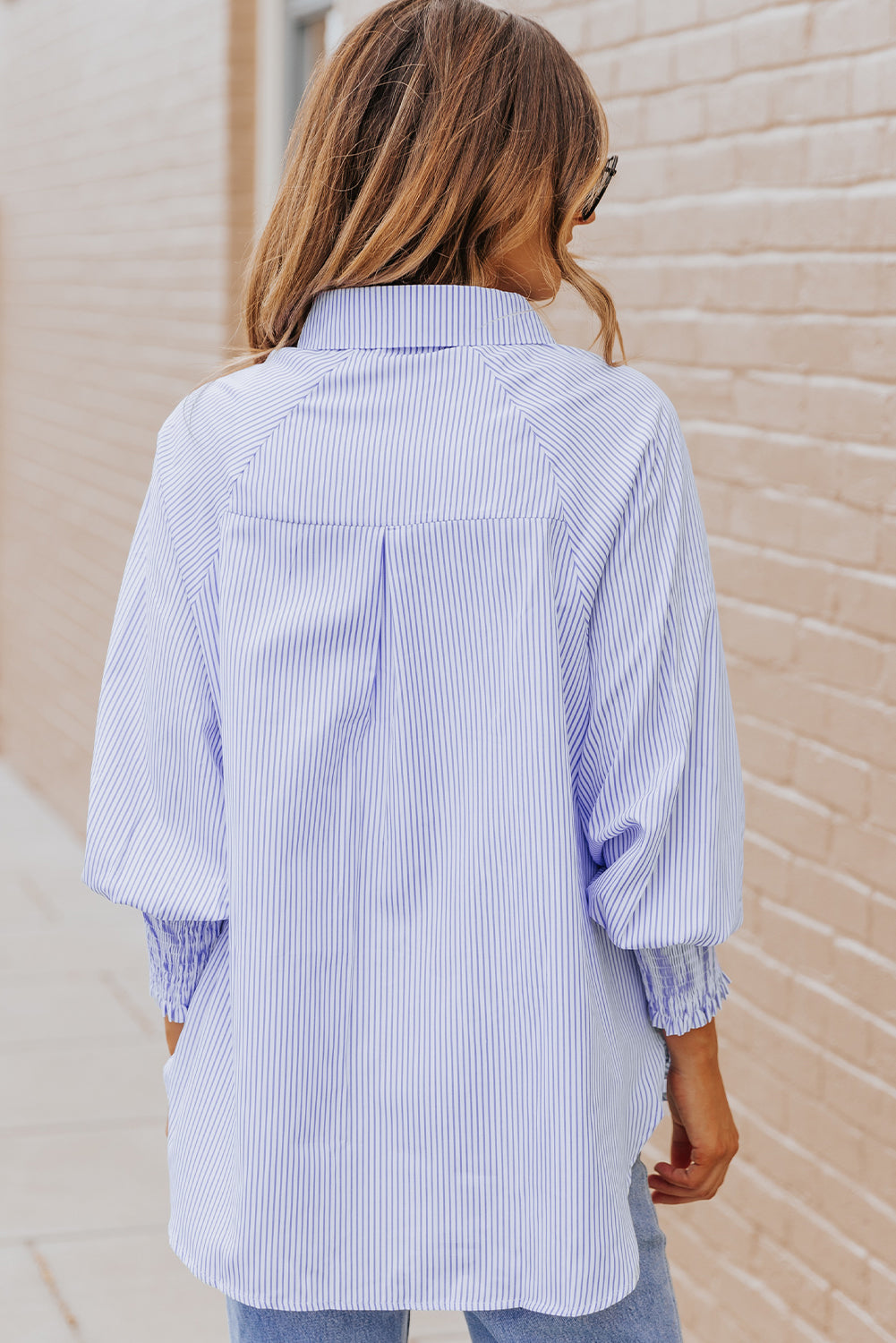 Pink Striped Casual Shirred Cuffs Shirt