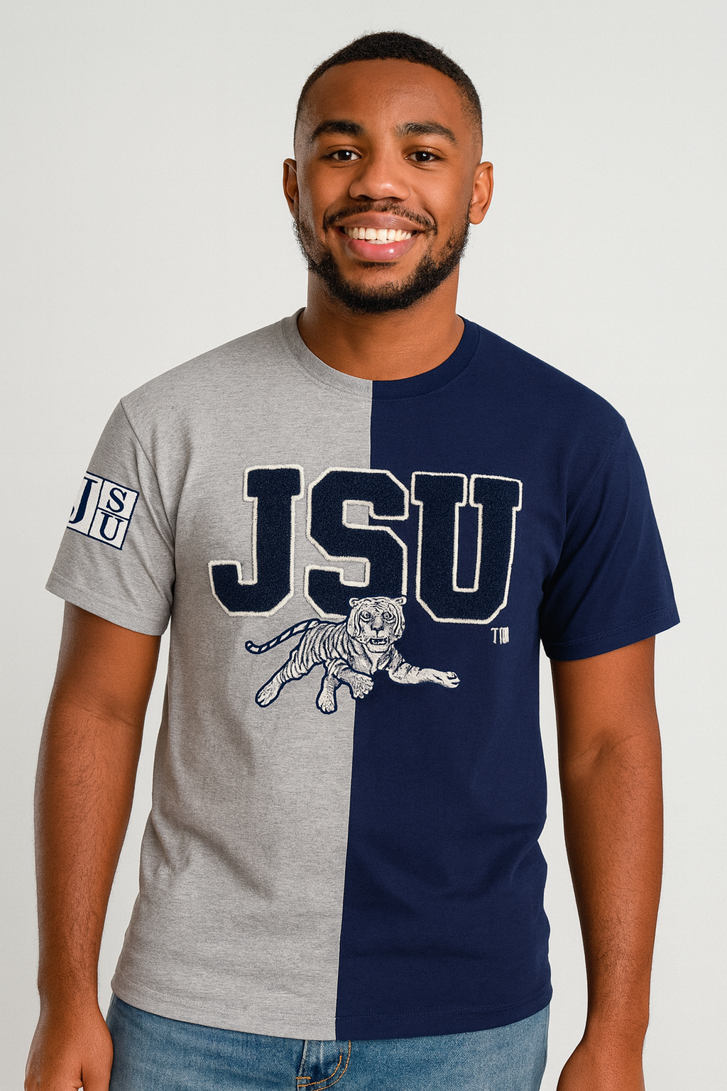 JSU Grey and Blue Split T-shirt PRE ORDER..EXPECTED SHIP DATE NOV 1ST