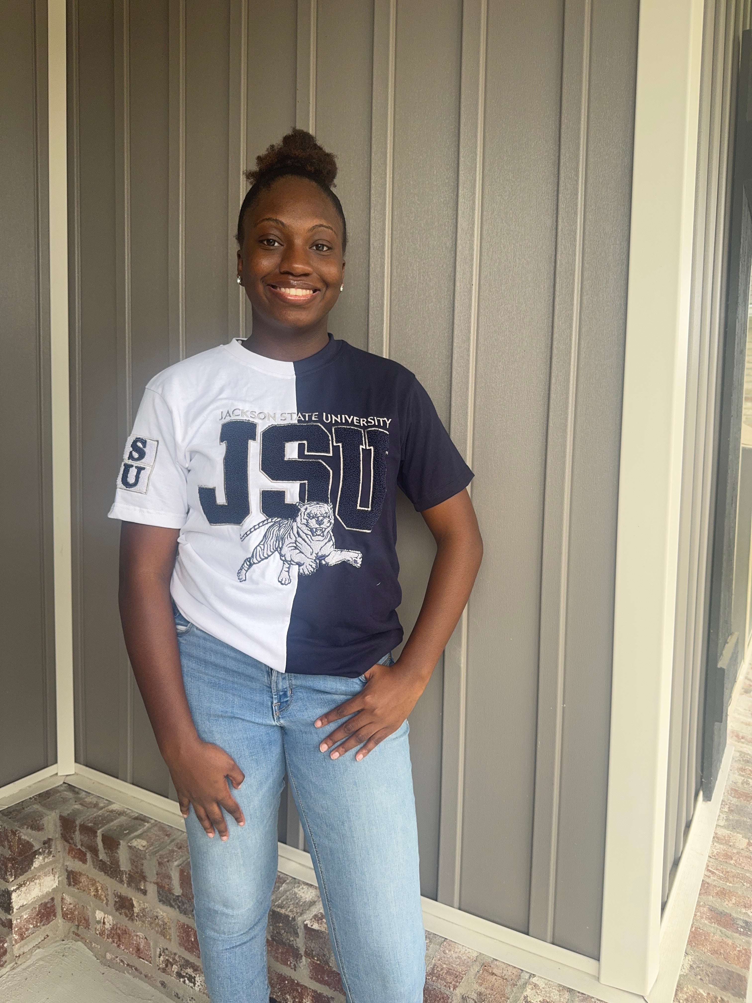 Blue and White Split JSU T-Shirt