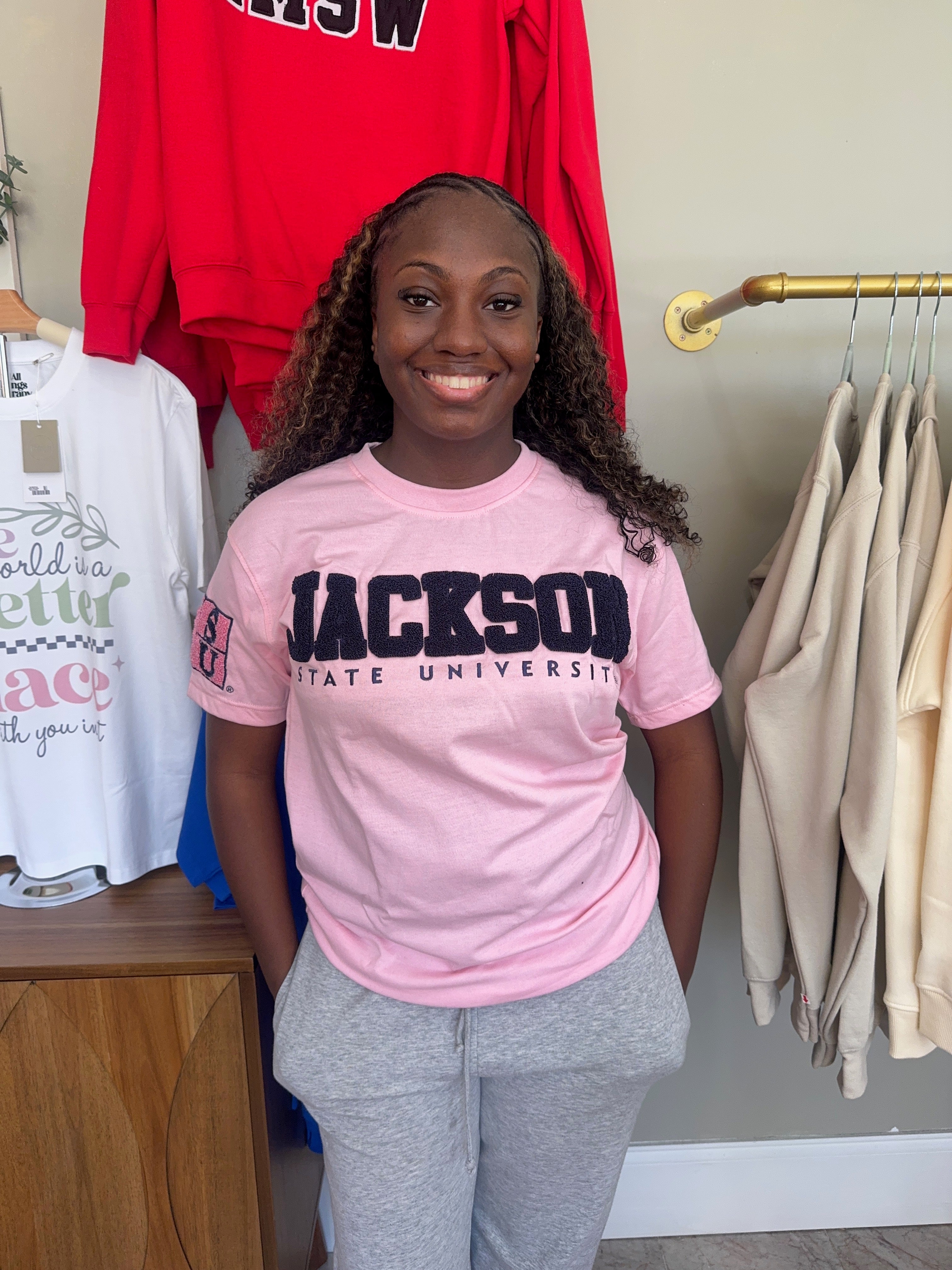 JSU pink and blue chenille tshirt