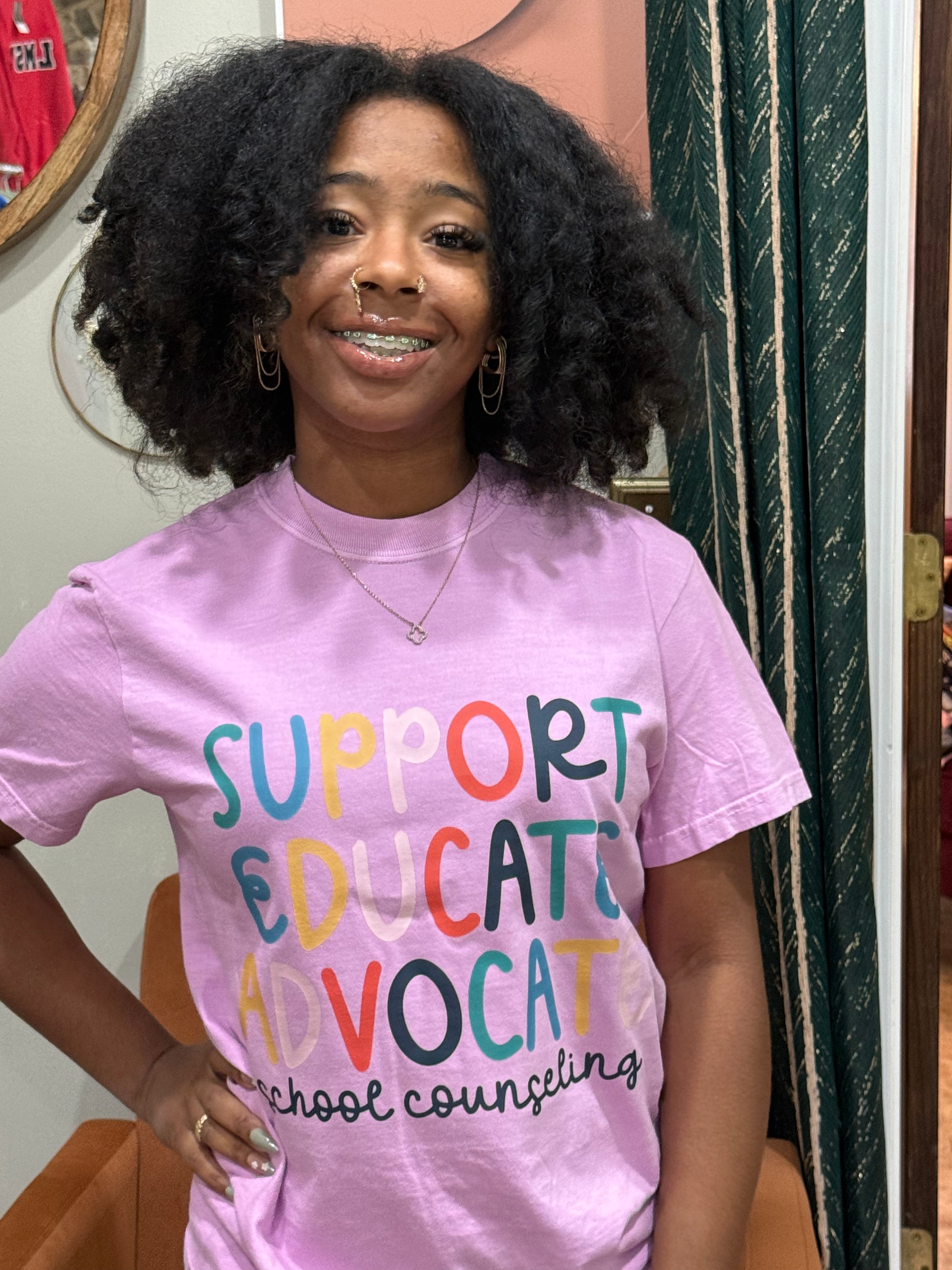 Support Educate Advocate School Counselor Pink Tee | The Vault Collection