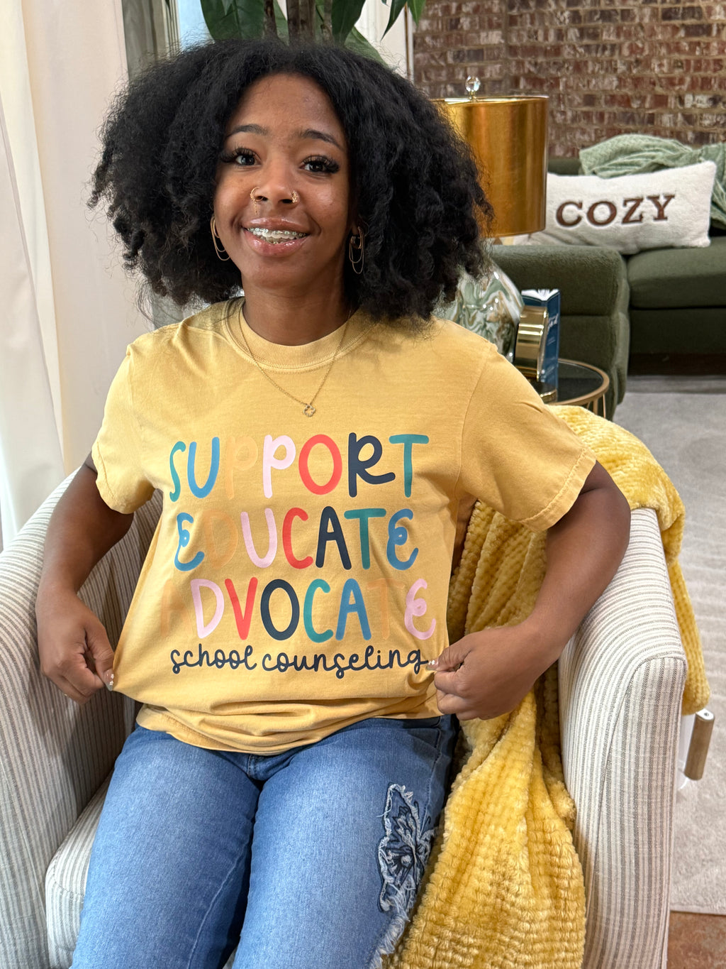 Support Educate Advocate School Counselor Yellow Tee | The Vault Collection