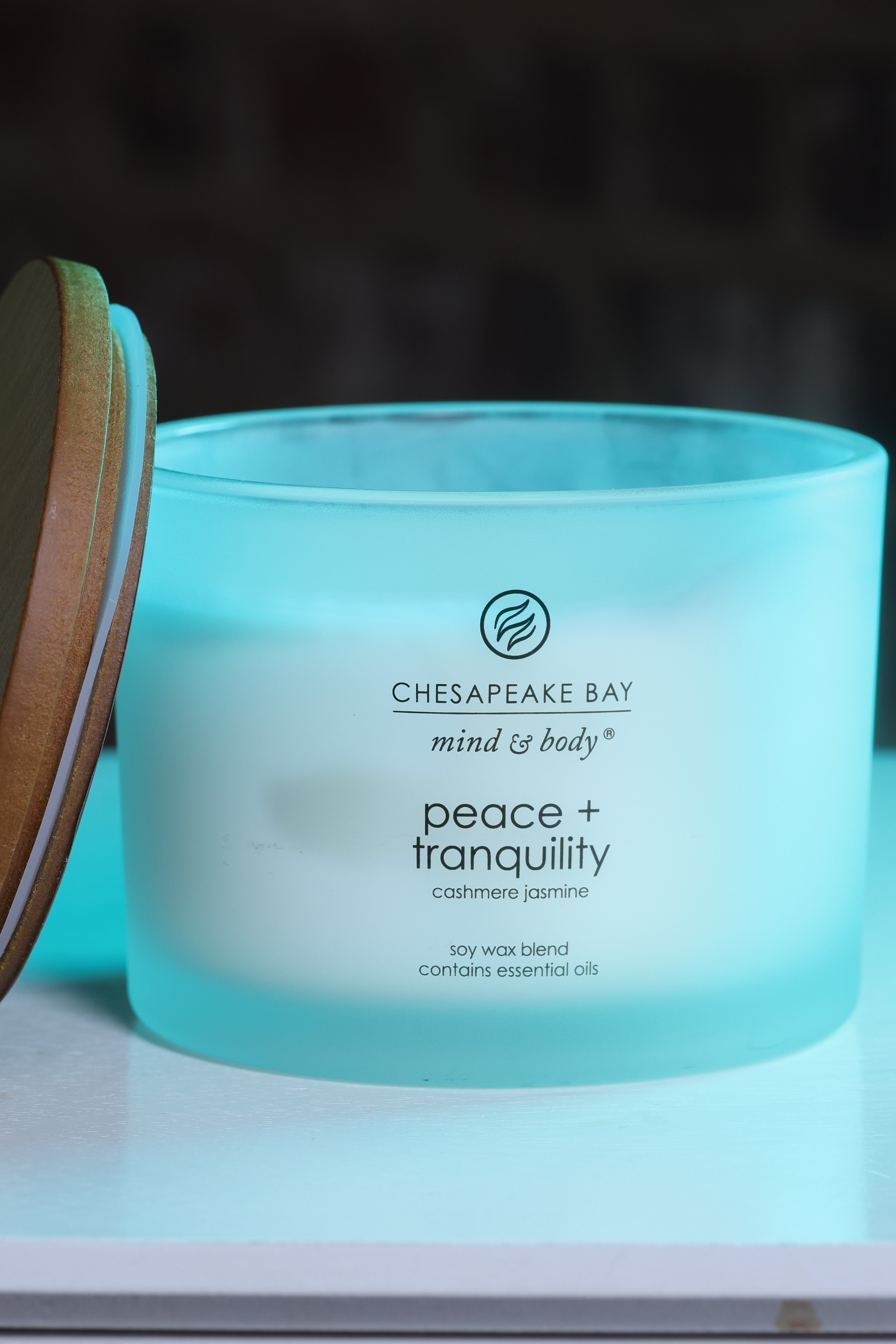Chesapeake Bay Mind & Body Peace + Tranquility Cashmere Jasmine Soy Wax Blend candle with essential oils